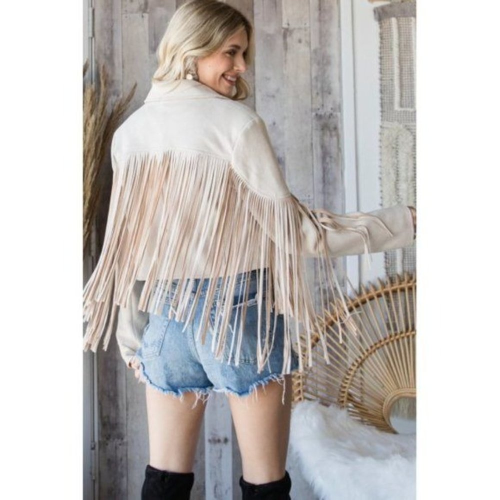 VEVERET Fringe Jacket Cream Faux Suede Moto Western Rodeo Bolero NWT - Picture 3 of 12
